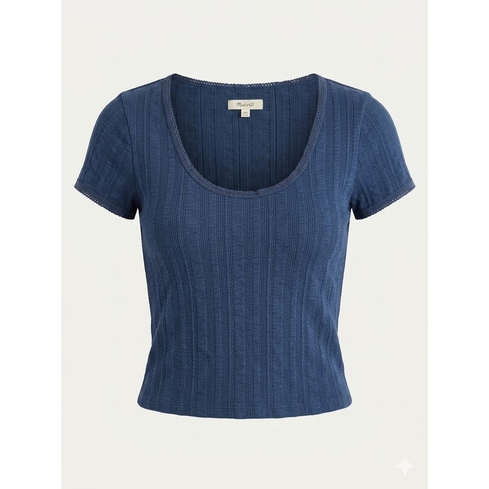 Madewell Blue Ribbed Scoop Neck Lace Trim Baby Tee Crop Top Short Sleeve XXS